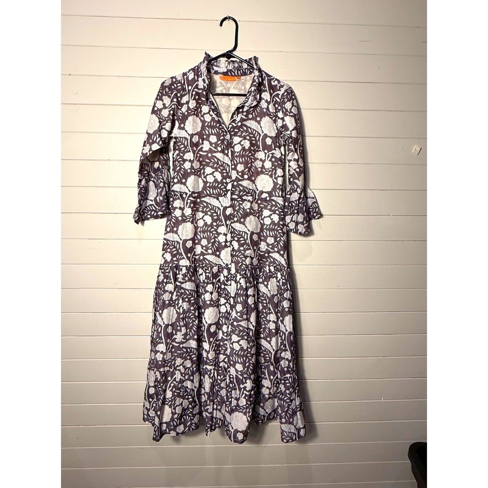 Oliphant Matera Purple Floral Cotton Silk Tiered Maxi Dress Bell Sleeve XXS